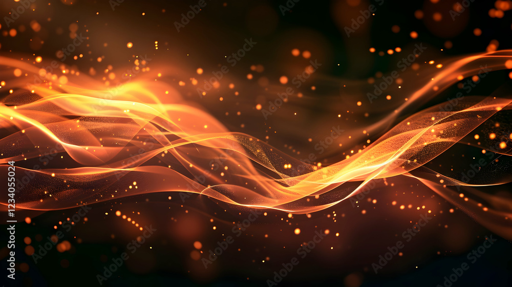 Poster abstract waves of light in orange and gold hues, creating a dynamic visual effect.