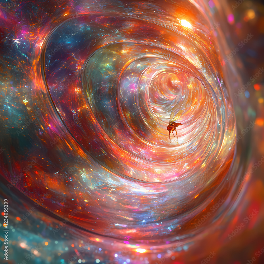 Poster colorful spiral of light with a small insect floating in space. generative ai
