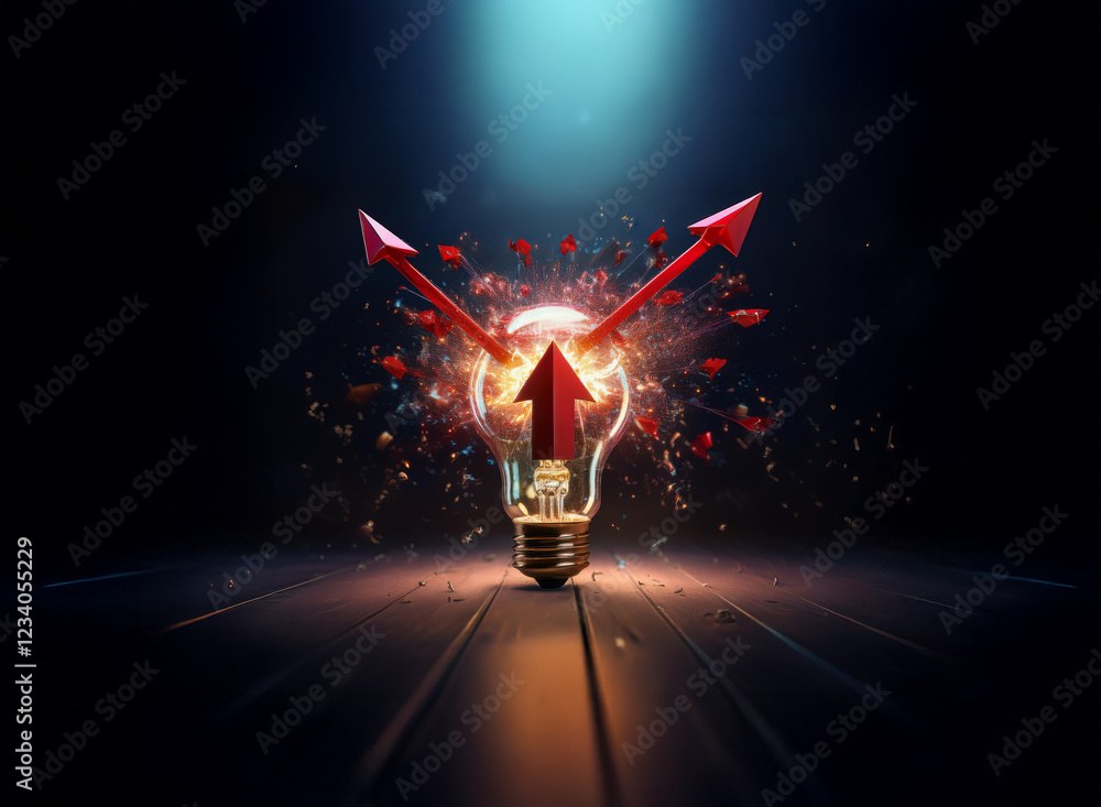 Poster a lightbulb explodes with red arrows, symbolizing a burst of innovation and upward growth. dynamic e