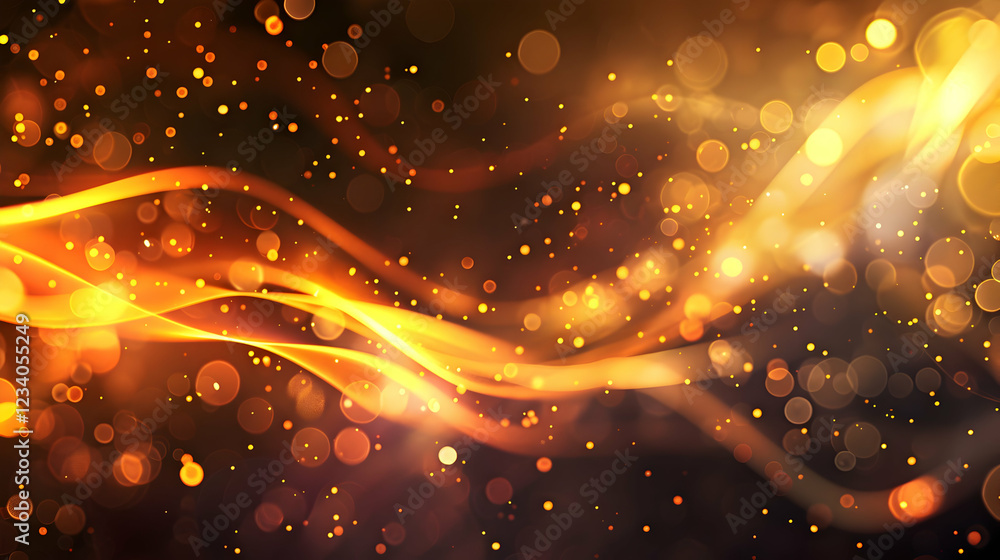 Poster abstract background with glowing particles and flowing lines in warm colors.