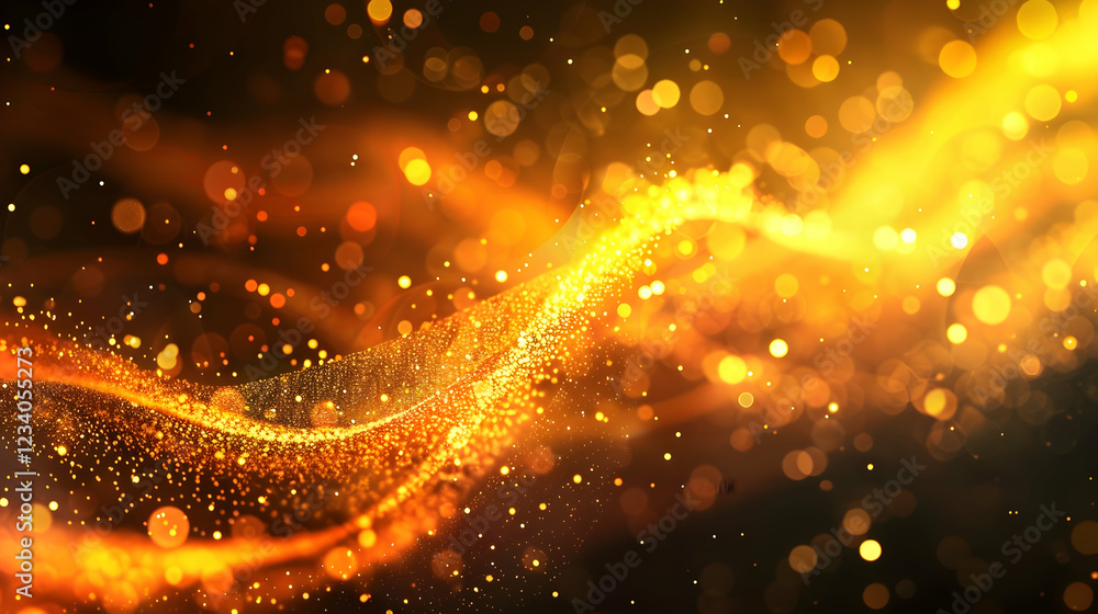 Poster abstract golden wave with sparkling particles on a dark background.
