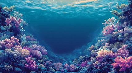 Naklejka premium Vibrant coral reef glows softly undersea peaceful ocean scene. AI Generated