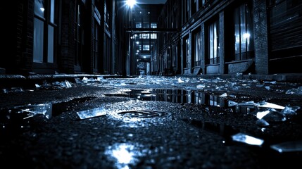 Dark, urban alley at night with broken glass and puddles reflecting light.
