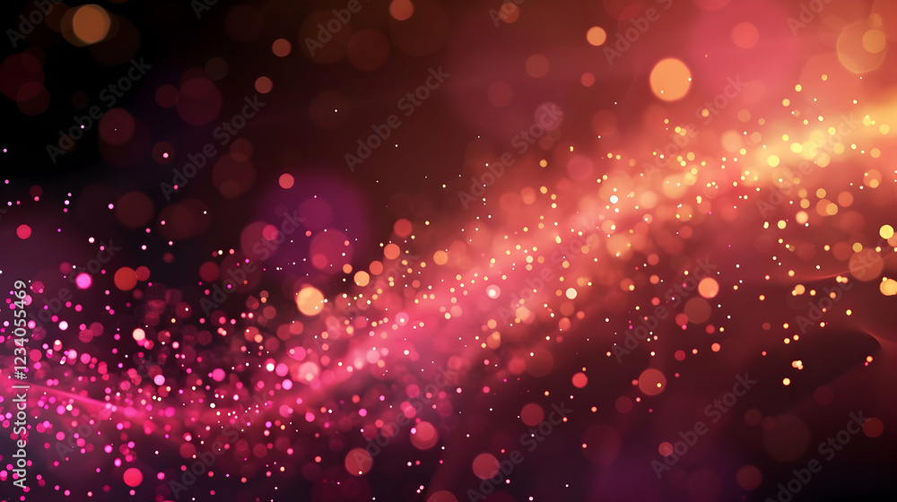 Poster a vibrant abstract background with glowing particles and a flowing wave of colors.