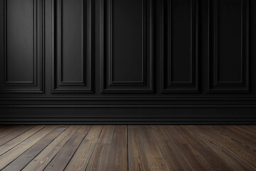 Elegant black paneled wall with a classic design and a rich dark wooden floor