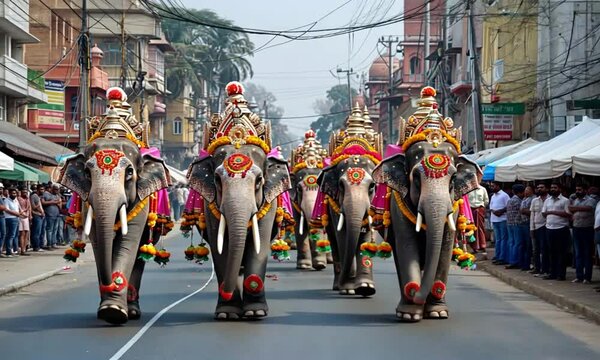 Ornately Decorated Elephants Processioning Through a Bustling Indian City Street
