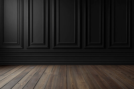 Elegant black paneled wall with a classic design and a rich dark wooden floor - Powered by Adobe