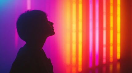 A silhouette against vibrant neon lights creates a dramatic scene filled with intrigue, showcasing...