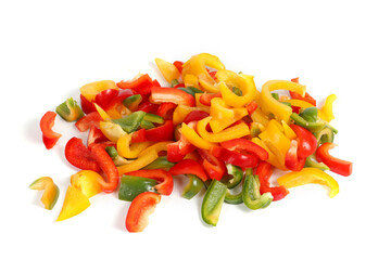 sliced bell peppers in three vibrant colors red, yellow, and green  on white background