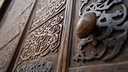 A close-up of Arabic calligraphy engraved on an old door in an Arabian town