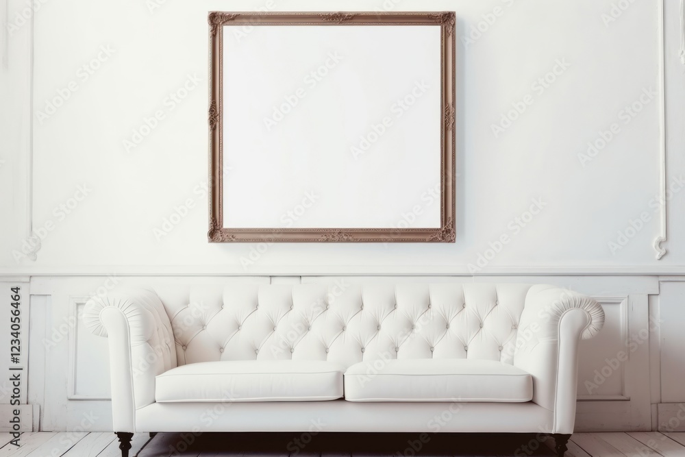 Wall mural Blank white frame mockup couch furniture indoors.