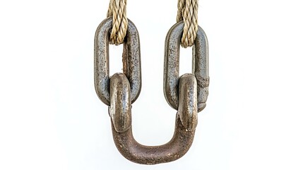 Obraz premium A focused image of a block and tackle pulley system with ropes and metal hooks, demonstrating mechanical lifting, set against a clean white background