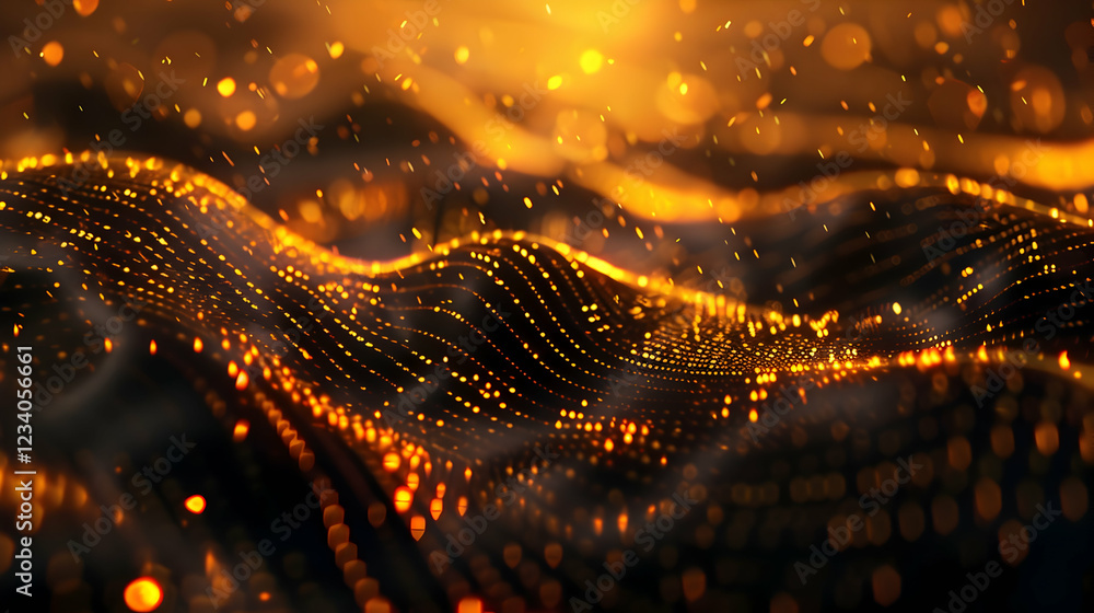 Poster abstract representation of flowing waves with glowing particles in warm tones.