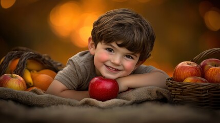 Fototapeta premium Happy boy lying on burlap with apples and oranges.