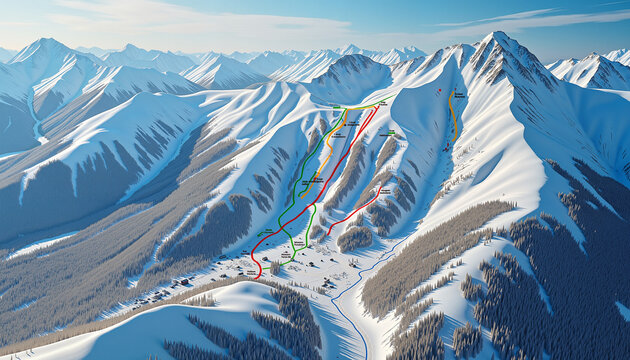 Ski resort trail map showcasing snowy slopes in mountain landscape, navigation