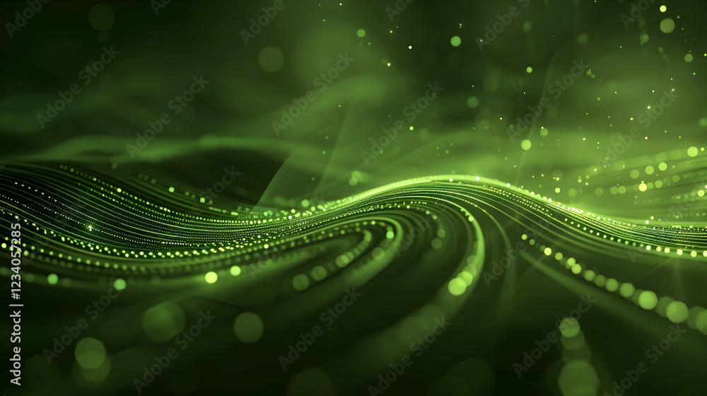 Poster abstract green waves with glowing particles creating a dynamic visual effect.