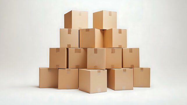 A group of cardboard boxes stacked and positioned symmetrically, set on a white background, symbolizing organized packaging and distribution