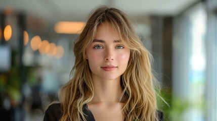 Blond woman with long hair and blue eyes posing for a picture, portrait