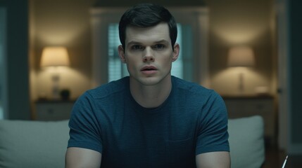 Young man sits on sofa, looking shocked and surprised, in dimly lit room.