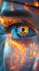 Abstract eye in neon hues surrounded by dynamic digital lines