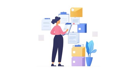 A high-quality image of a person assigning work to a team, highlighting the delegation of tasks, with clear folders and documents, set on a white background