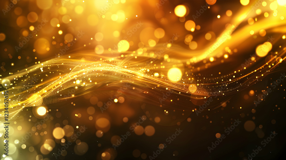 Poster a vibrant abstract background with golden sparkles and flowing light patterns.