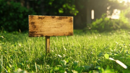 Rustic wooden signboard in sunlit green meadow for nature garden decoration design