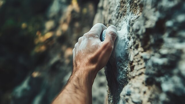 rock climbing handhold focus, close-up of climber’s hand gripping a rock face during ascent, concept for adventure sports, endurance, extreme outdoor activities