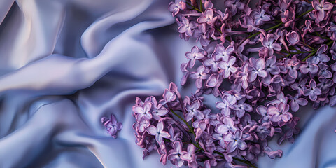Beautiful purple lilacs on soft silky fabric create an elegant display. Generative AI