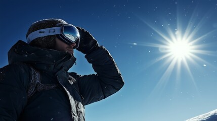 arctic explorer under sunlight, a person wearing winter gear and goggles standing in snowy terrain with clear blue skies, concept for arctic expedition, winter exploration, adventure