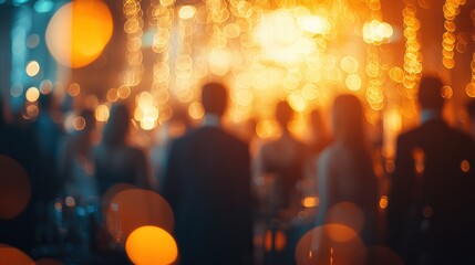 Elegant gathering blurred figures amidst warm golden glow