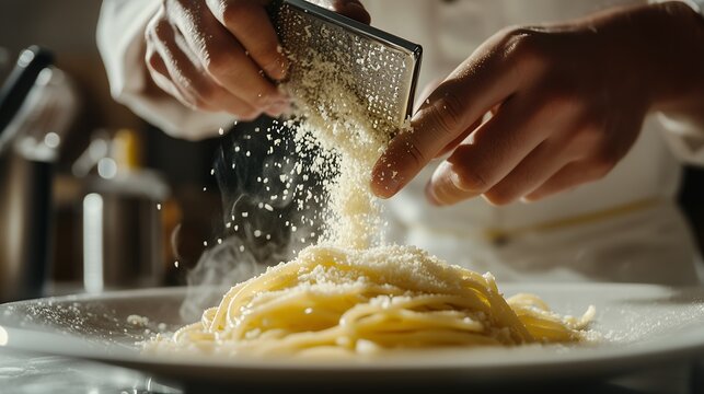 pasta chef grating cheese, a chef finishing a pasta dish by grating cheese onto it under soft restaurant lighting, concept for Italian cuisine, fine dining, food art