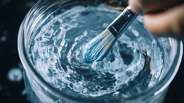 cleaning paintbrush in water, close-up of hands swirling a paintbrush in a clear water container during an art session, concept for painting tools, artist routine, creativity in process
