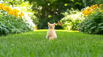 Curious kitten gazing at butterfly in vibrant garden setting