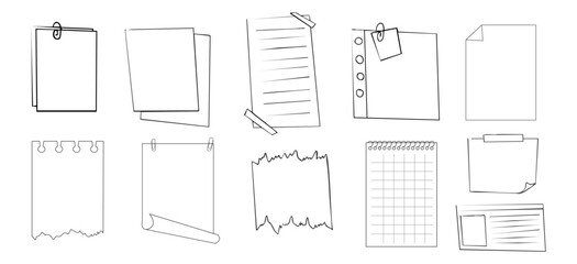 Memo sticky note reminder sheet paper. Doodle paper frame, check list with pin, tape, paperclip elements. Set cute notes, office or school messages.