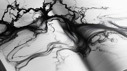 Fototapeta premium Black ink flows like organic veins across white pages, creating an abstract and intricate pattern reminiscent of nature’s intricacies.