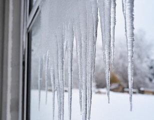 Fototapeta premium Close-Up of a Frosted Window with Delicate Icicles Hanging Outside