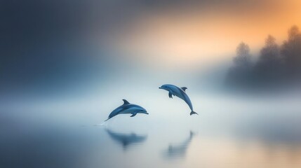 Two dolphins leap from calm water at sunrise, misty background.