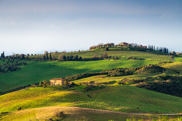 Obraz premium Aerial view of Tuscan hills at sunset, Italy.