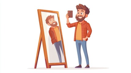 Fototapeta premium Young man taking selfie in front of mirror with genuine smile