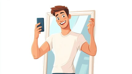 Happy Young Man Taking Selfie in Front of Mirror with Smartphone