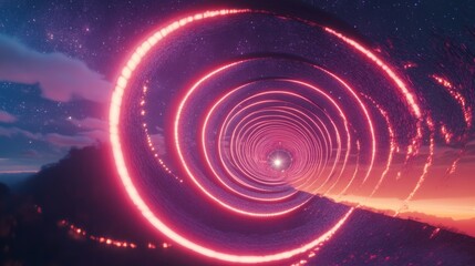 Obraz premium Swirling neon rings form a tunnel through a cosmic landscape, blending dream-like visuals with the mystery of the universe.