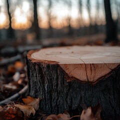 Fototapeta premium A close-up of a freshly cut tree stump, with deep, intricate wood rings clearly visible. 