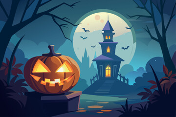 Fototapeta premium A halloween pumpkin lantern at night against a dark misty background plus a copy of the halloween lantern isolated against a transparent background to overlay onto an alternative background.