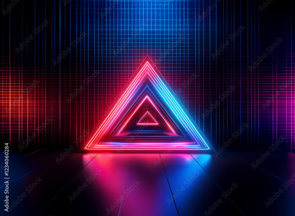 Poster glowing neon triangles nested within each other, casting vibrant reflections on a dark, gridded back