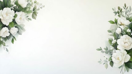 Elegant floral border with white roses and green leaves for greeting card or invitation design