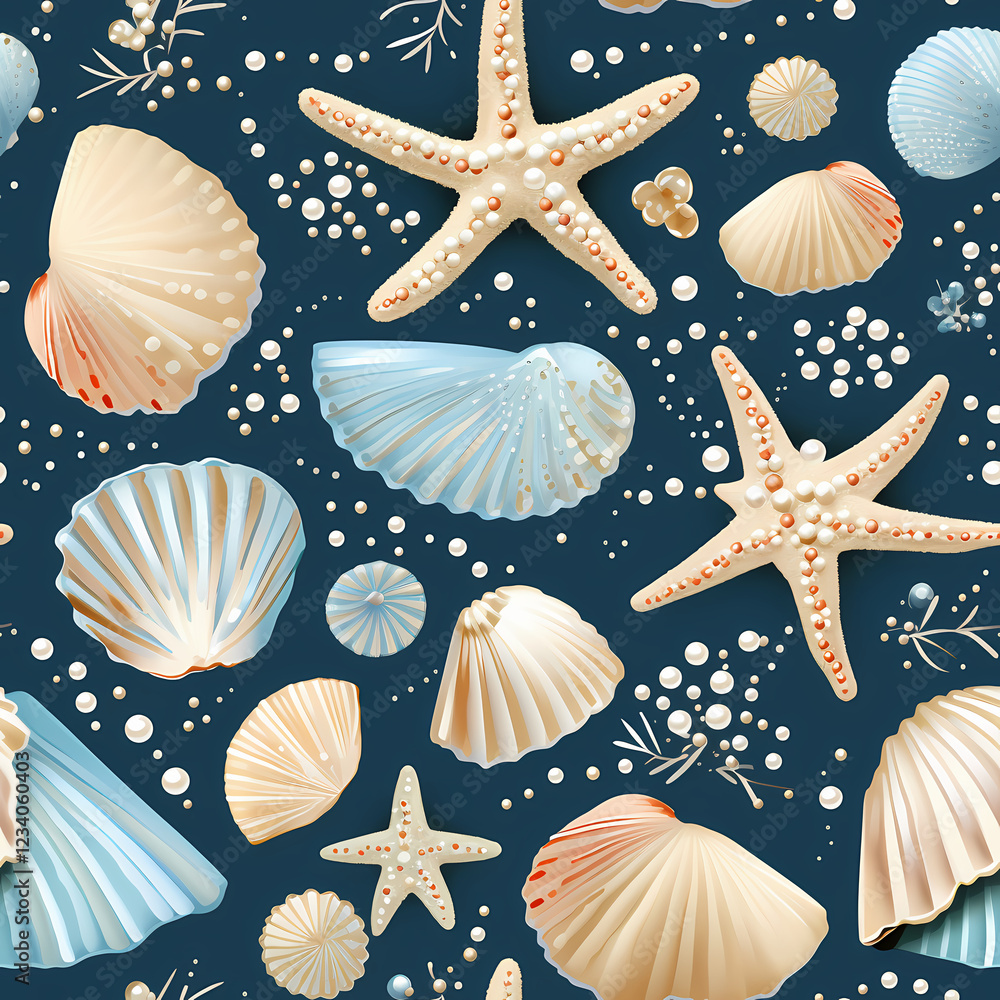 Poster patterns of seashells and starfish on a deep blue background. generative ai