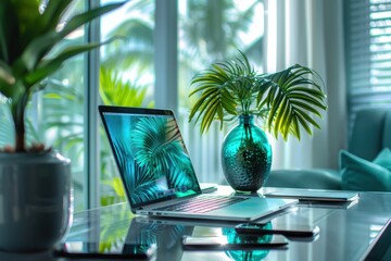 Laptop computer sitting on a glass table with a plant in a vase