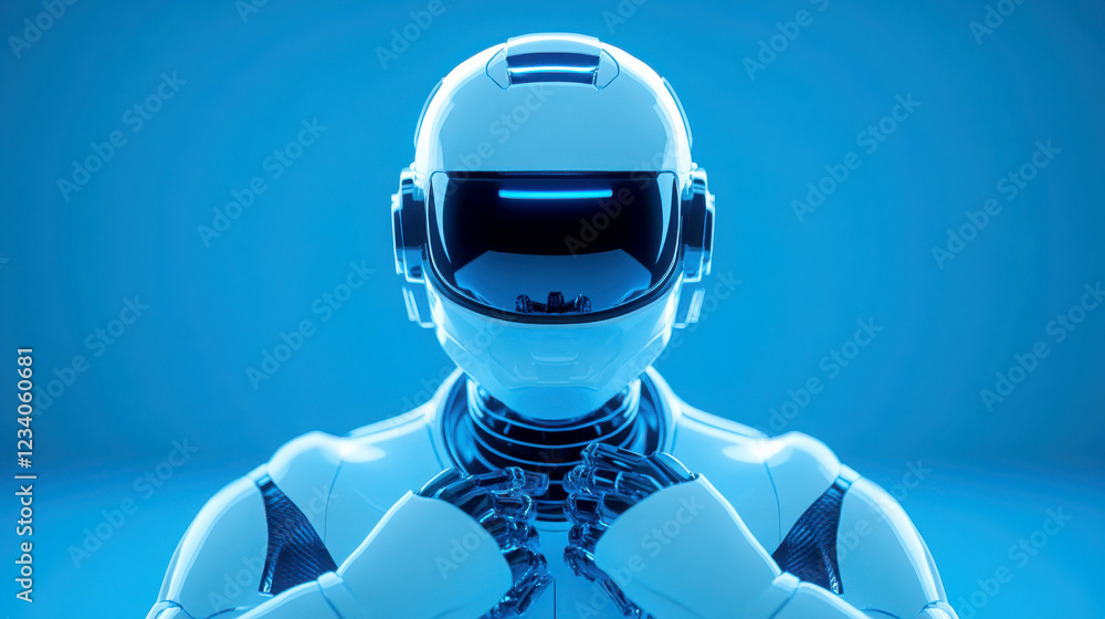 Poster futuristic robot with high-tech features and vibrant background.