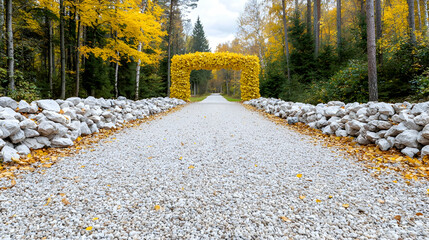 Autumn path leads to yellow leaf arch in forest